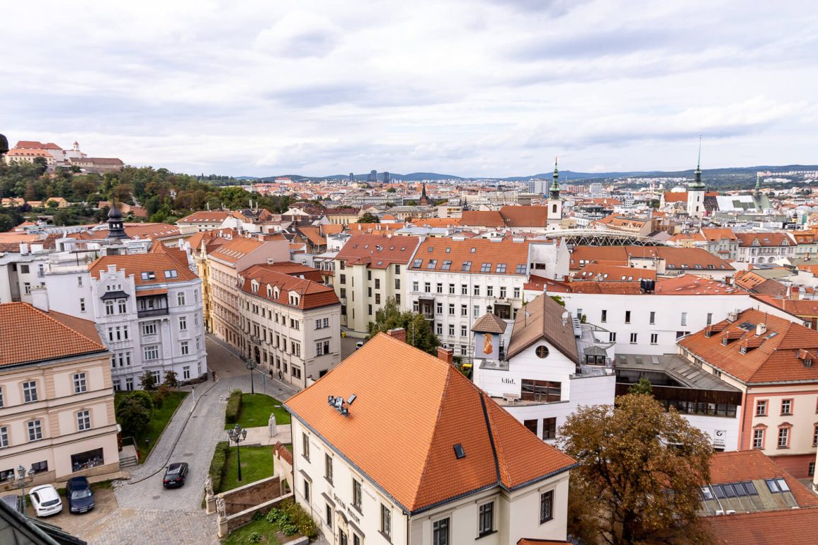 View over Brno city with traditional buildings with orage roofs