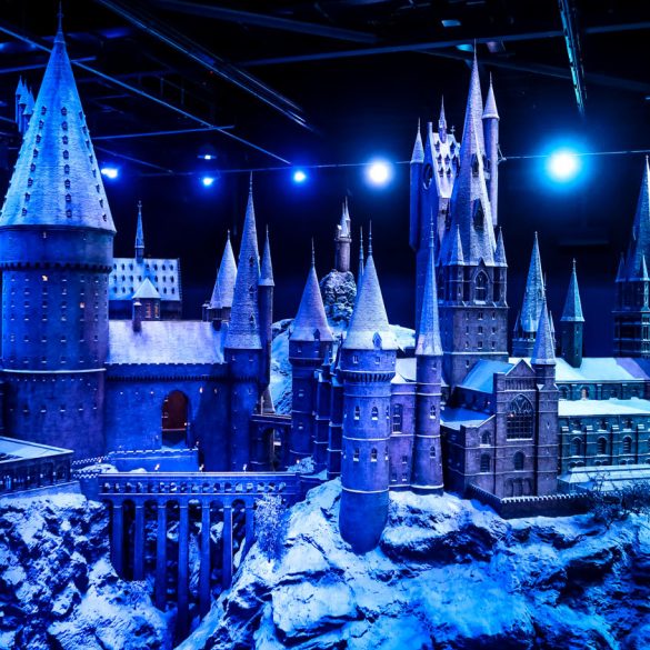 Model of Hogwarts school covered in snow