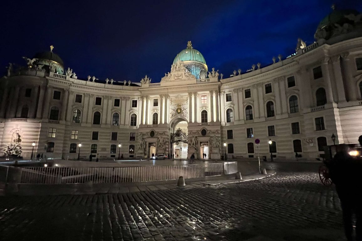 Nighttime view of historic building in Vienna, Austria