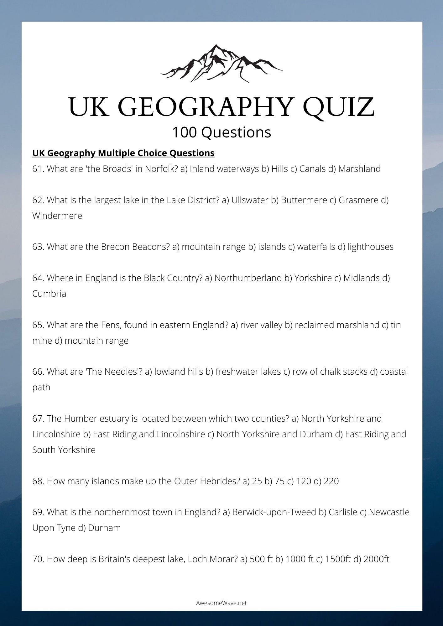 UK Geography Quiz Multiple Choice Questions