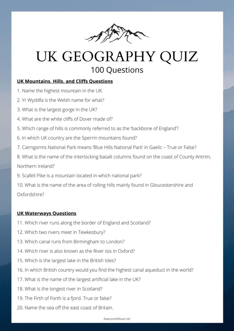 UK Geography Quiz 100 British Trivia Questions inc. Picture Quiz