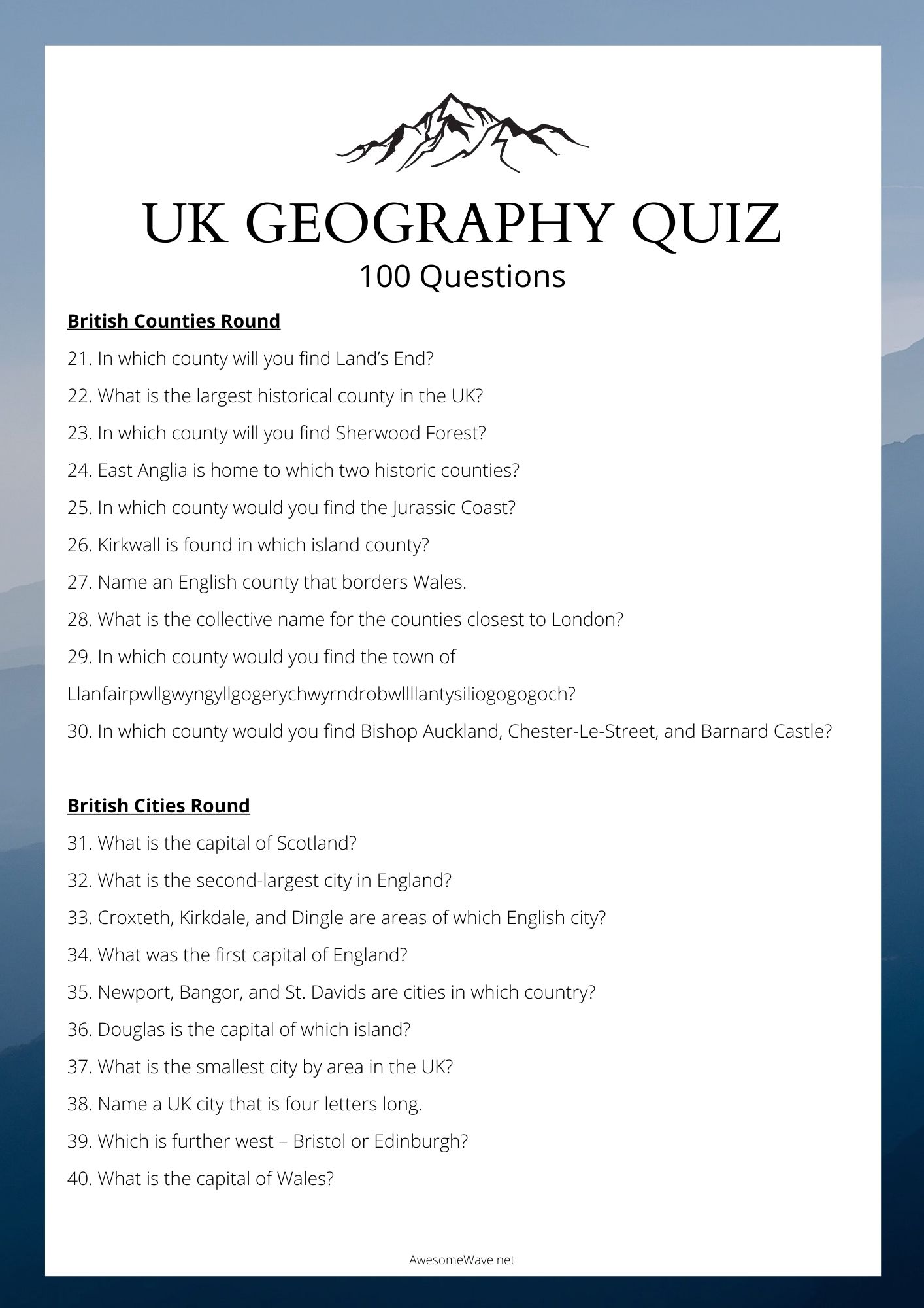 UK Geography Quiz Questions 21 to 40