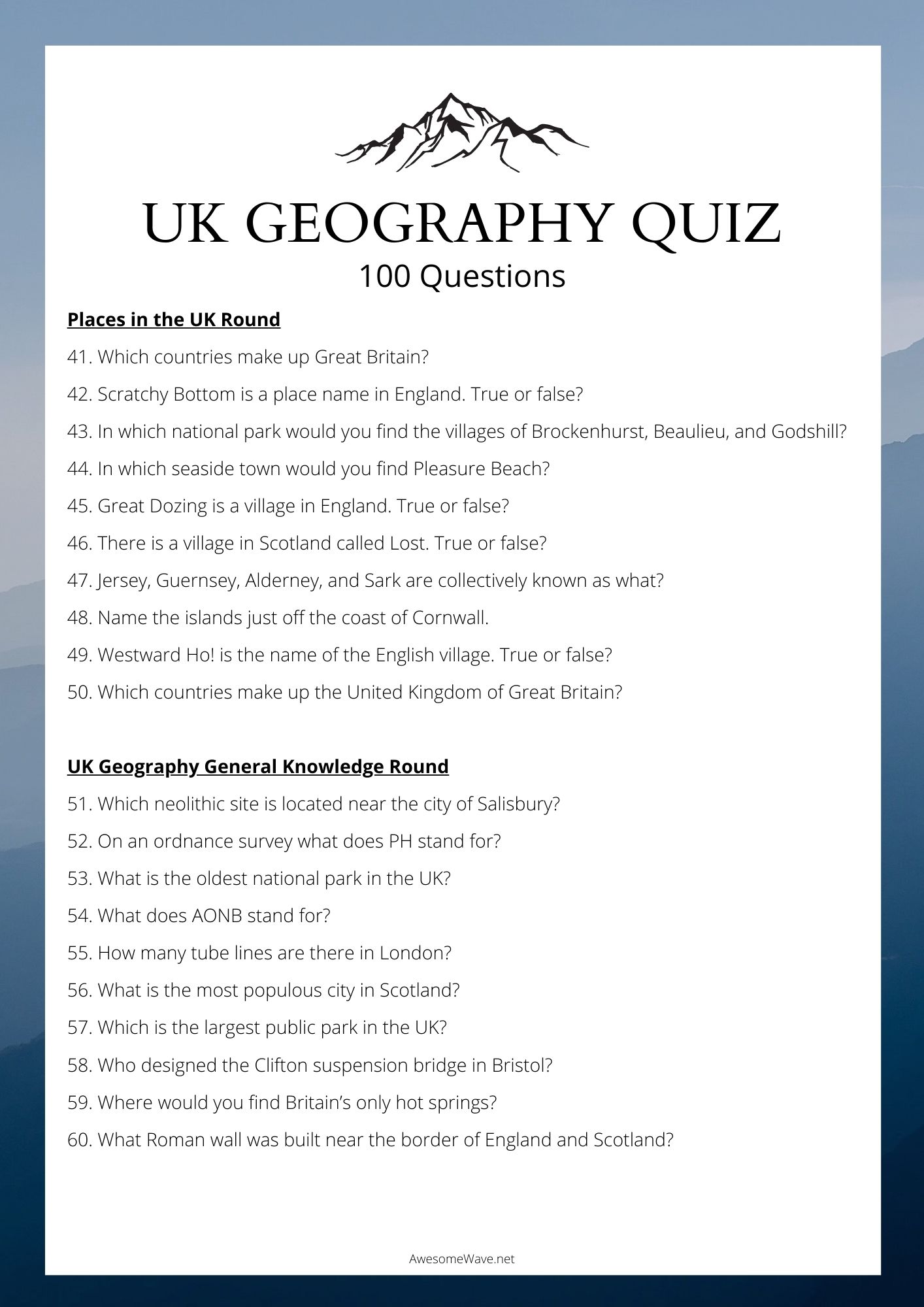 UK Geography Quiz Questions 41 to 60