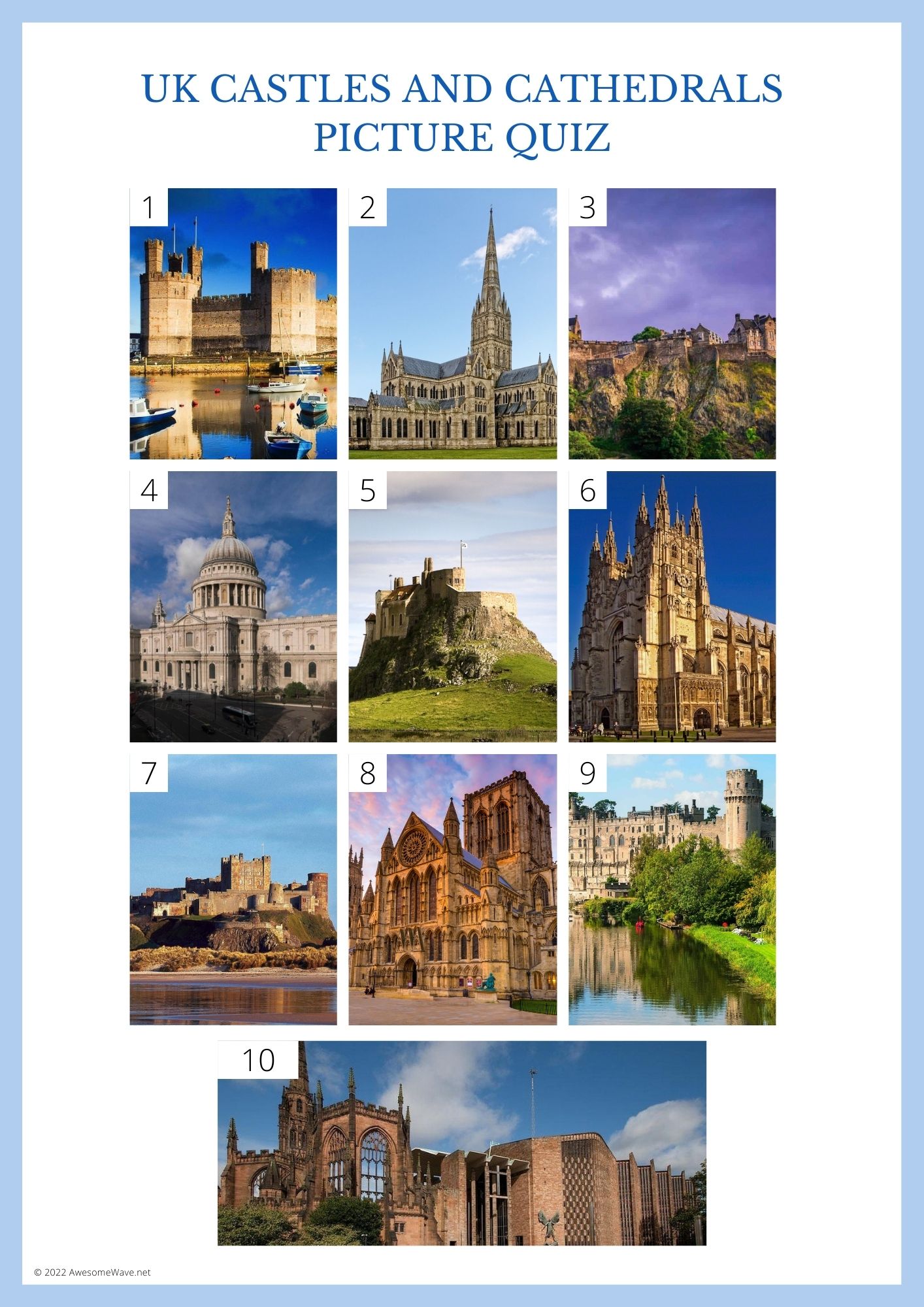 10 photos of castles and cathedrals located in the UK as part of the UK geography picture quiz.
